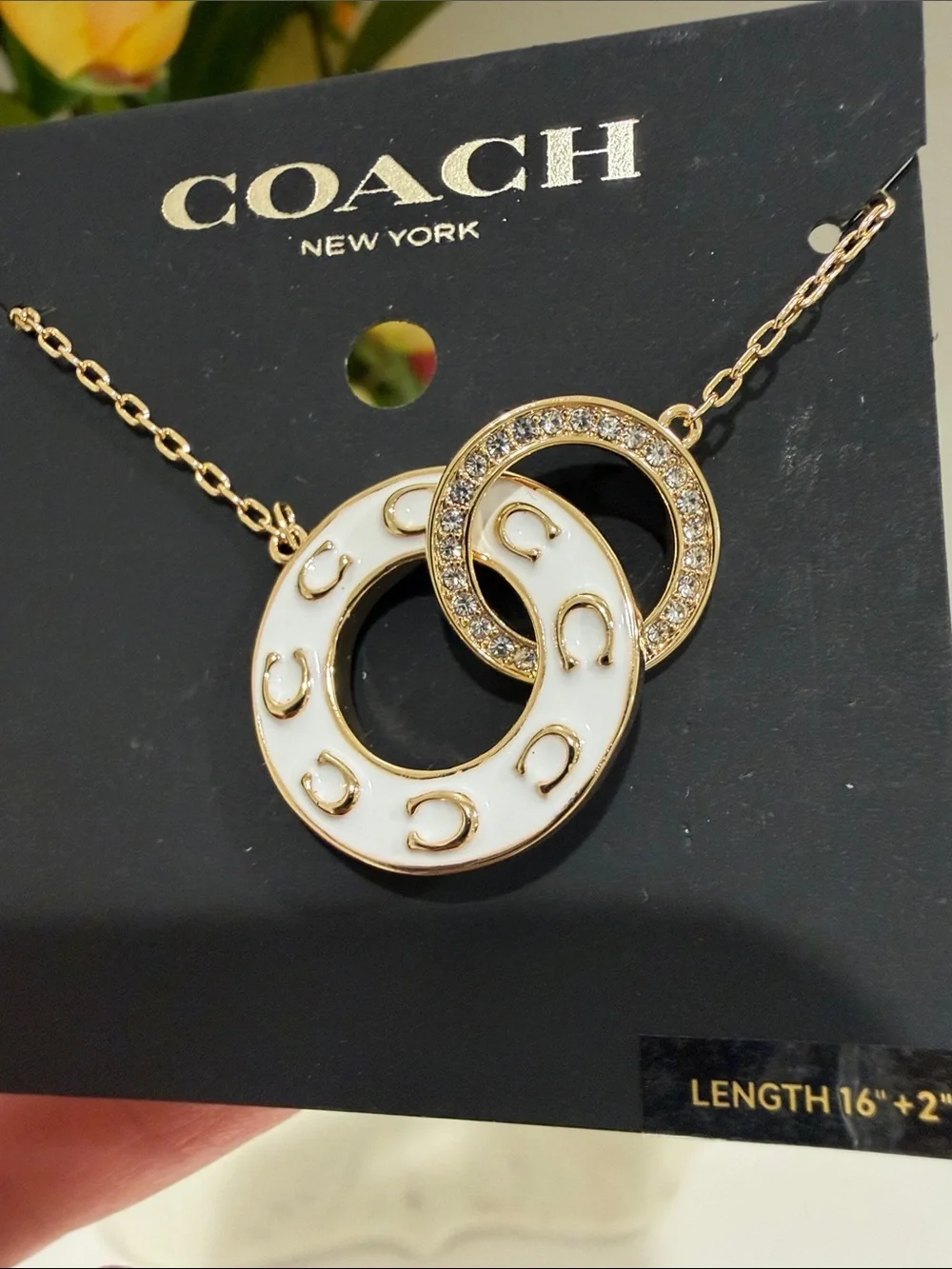 Coach Gold-Tone Necklace with White Enamel Interlocking Circles